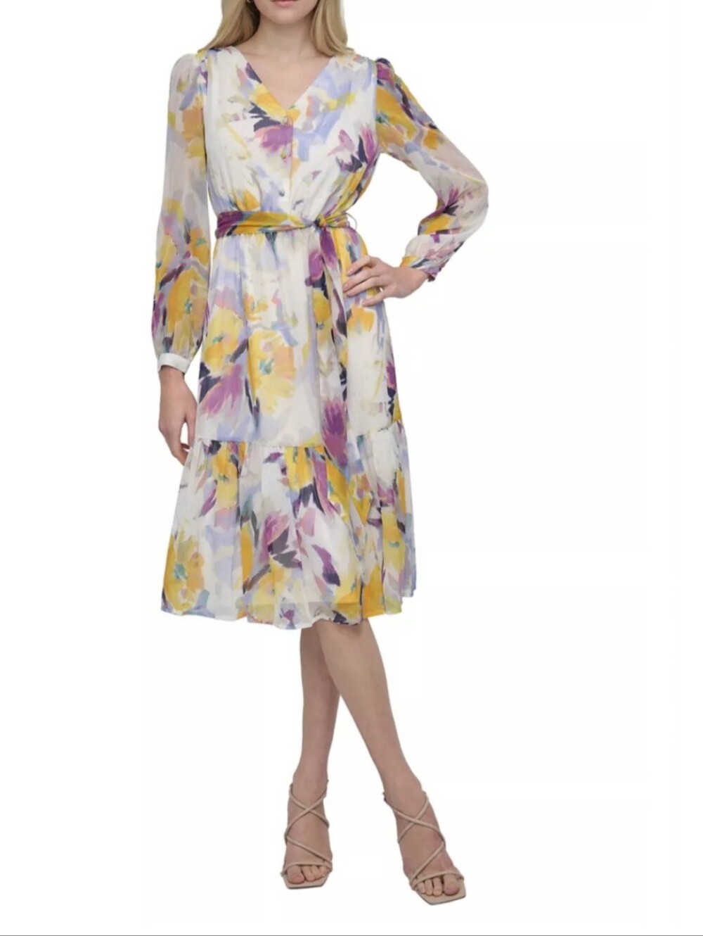 DKNYWomen's Long Sleeve Printed Chiffon A-Line Dress Size 14